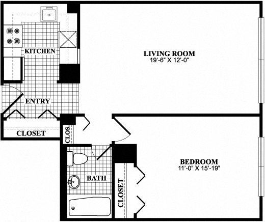 Floor plan for 1 bed, 1 bath, 632 sqft
